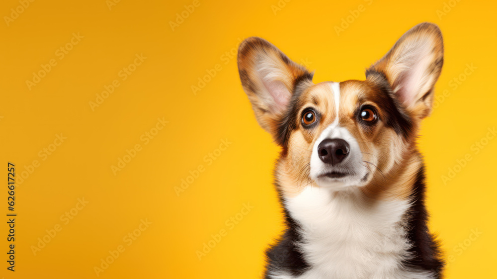 Advertising portrait, banner, surprised face looking straight welsh corgi cardigan dog, serious look, isolated on yellow background