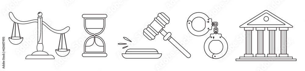 Set court and justice law icons. Services of a lawyer, attorney, notary. Law and protection of business interests in court. Books scales hummer of the judge. Outline vector isolated on background