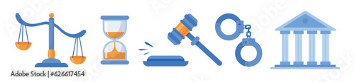 Set court and justice law icons. Services of a lawyer, attorney or notary. Law and protection of business interests in court. Books scales hummer of the judge. Flat vector isolated on white background