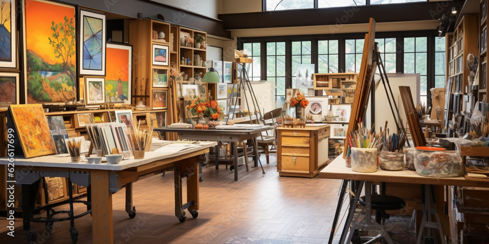 An artist's room filled with lots of paintings, paints and accessories.