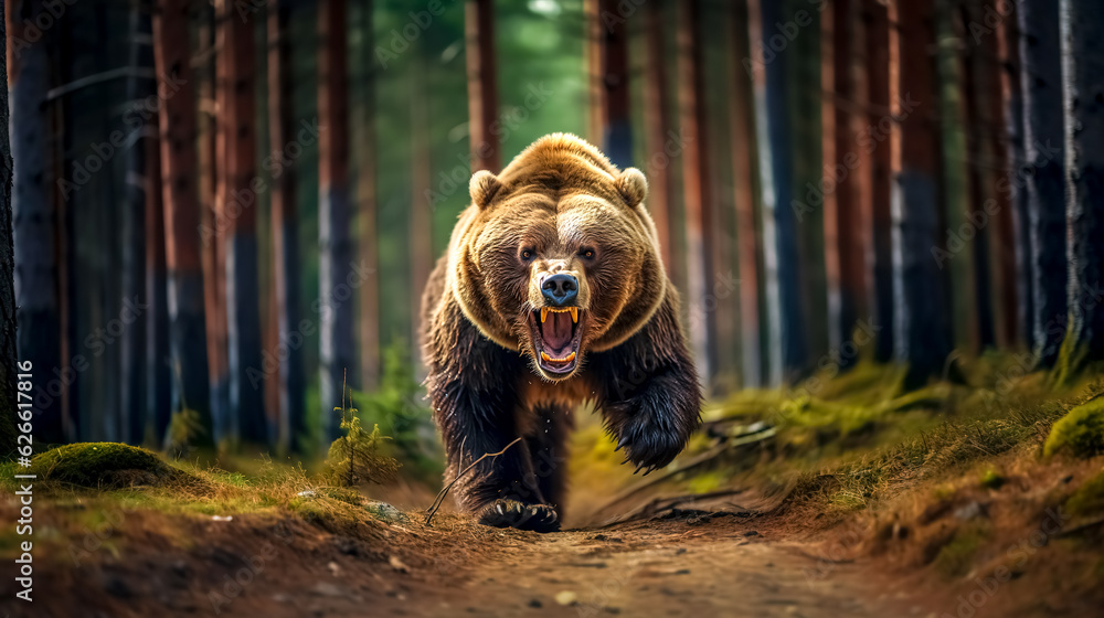 angry running animal grizzly bear in the forest, made with Generative AI - obrazy, fototapety, plakaty 