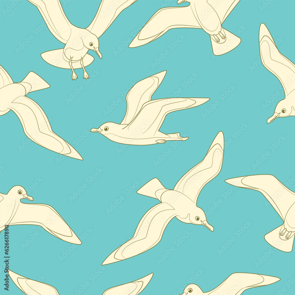 Seagulls seamless pattern. Vector seamless pattern. Outline simple illustration of flying birds. Soaring seabird silhouette. Seagulls seamless pattern. Vector seamless pattern. Outline simple illustration of flying birds. Soaring seabird silhouette.