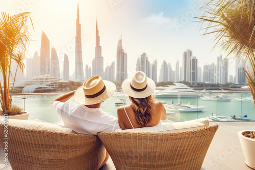 Stampa su tela A man and a woman sit on the terrace of a penthouse and admire the view of Dubai