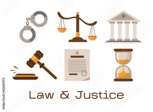Set court and justice law icons. Services of a lawyer, attorney or notary. Law and protection of business interests in court. Books scales hummer of the judge. Flat vector isolated on white background