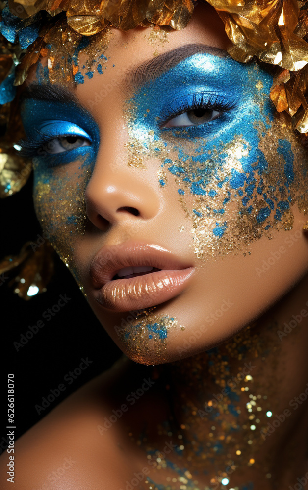 Gold and Glitter: Close-up Makeup Masterpiece on a Fashion Model Gold and Glitter: Close-up Makeup Masterpiece on a Fashion Model