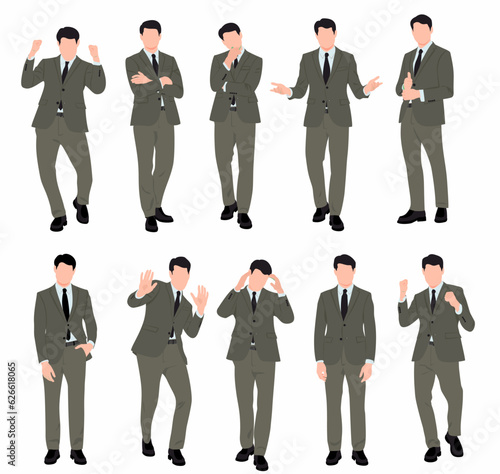Set businessman in different poses gesture emotions and body language concept. Vector in isolated white background. 