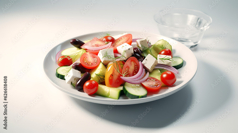 Summertime fresh greek salad on a white plate isolated on a white background