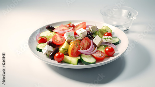 Summertime fresh greek salad on a white plate isolated on a white background