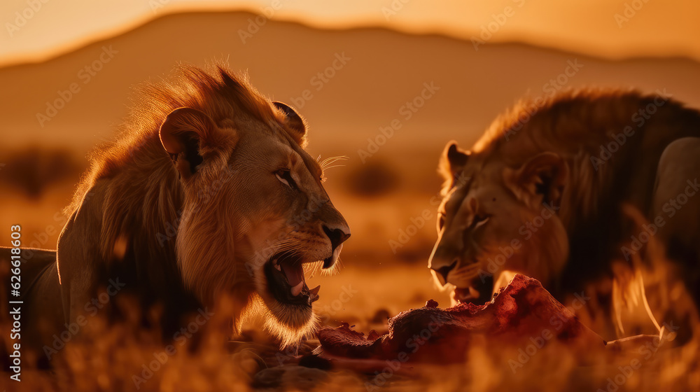 Two male lions eating a gazelle in front of the orange warm light of the down going sun. Generative AI. - obrazy, fototapety, plakaty 
