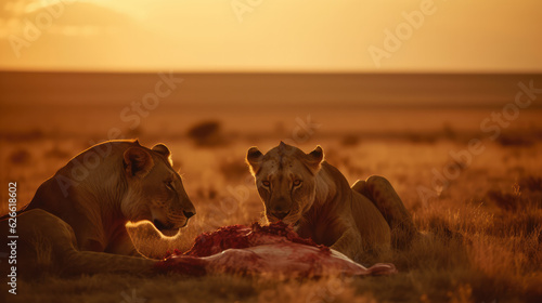 Two female lions eating a gazelle. Generative AI.