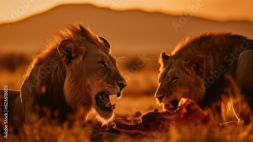 Two male lions eating a gazelle in front of the orange warm light of the down going sun. Generative AI. photo