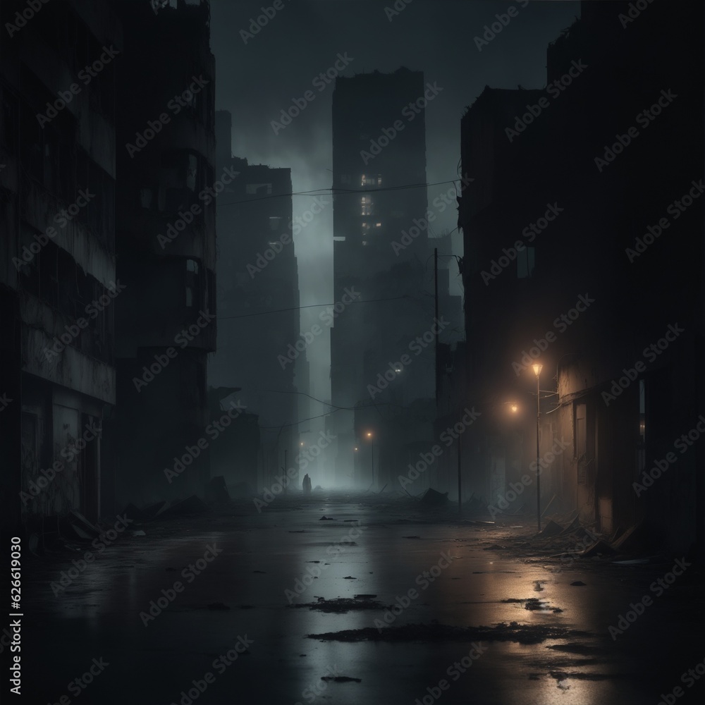 City at night after war