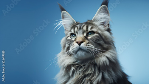 Advertising portrait, banner, adult gorgeous gray maine coon looks to the left, isolated on blue neutral background