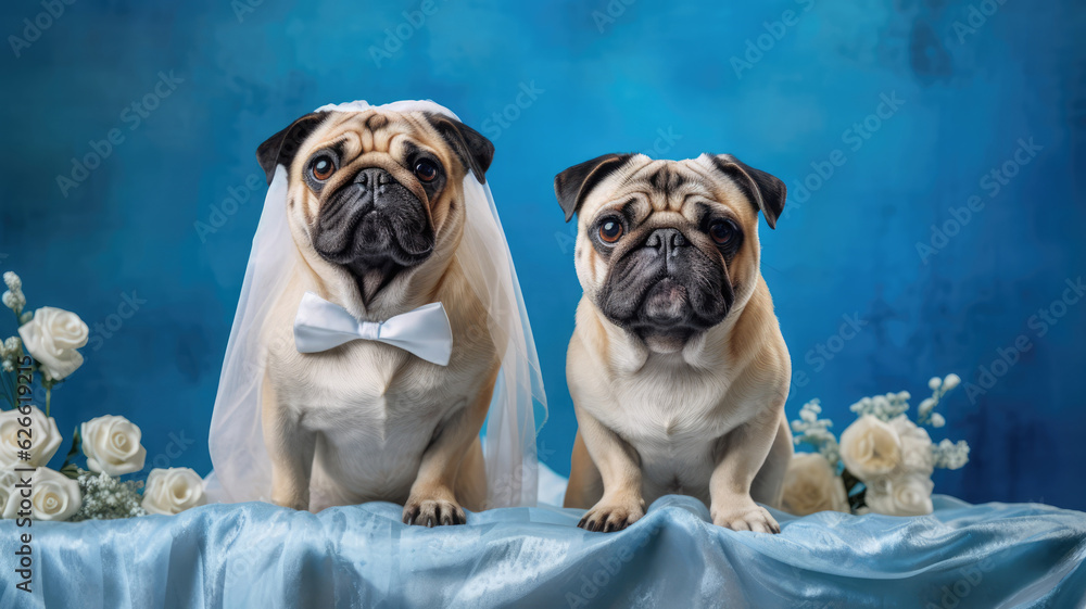 Advertising portrait, banner, dogs newlyweds with white roses, isolated on blue background