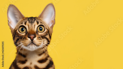 Advertising portrait  banner  funny bengal cat classic tiger color with big ears  yellow eyes  funny look  isolated on yellow background