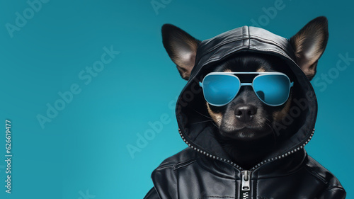 Advertising portrait, banner, cool looking black chihuahua dog in glasses and a sweatshirt with a hood isolated on blue background © NK Project