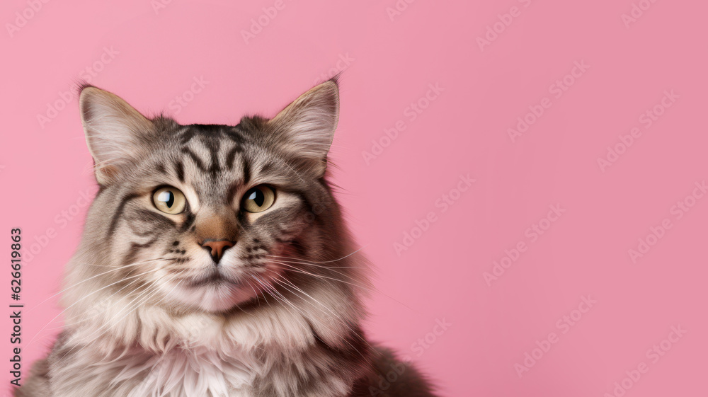 Advertising portrait, banner, cool looking big cat classic color, yellow eyes, funny straight look, isolated on pink background Advertising portrait, banner, cool looking big cat classic color, yellow eyes, funny straight look, isolated on pink background