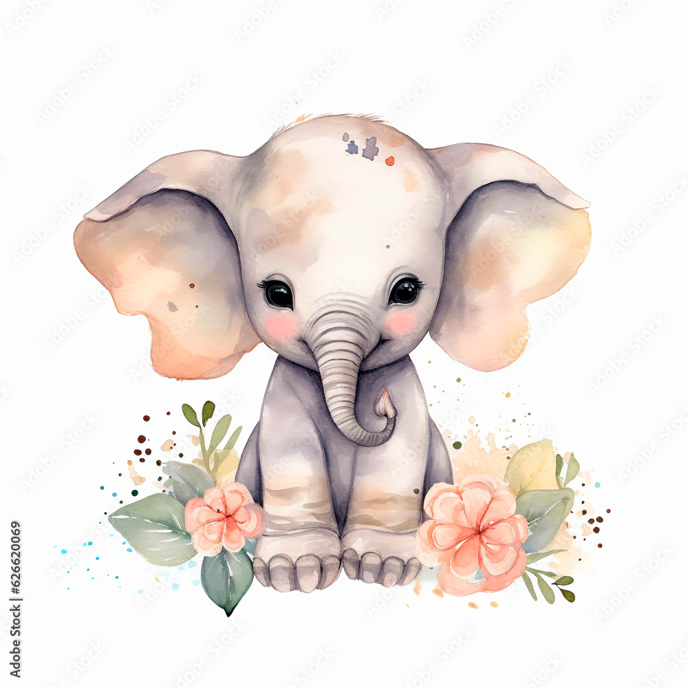 Cute african baby elephant watercolor illustration. Generative ai