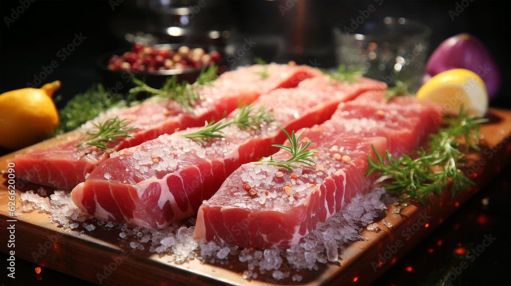 Raw beef steak for frying or grilling, fillet, restaurant menu, marbled meat, spices, salt Raw beef steak for frying or grilling, fillet, restaurant menu, marbled meat, spices, salt