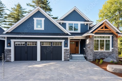Modern American home, two-car garage, faux stone trim. Country cottage villa.