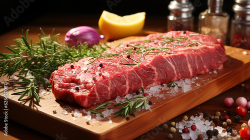 Raw beef steak for frying or grilling, fillet, marbled meat, spices, salt, pepper