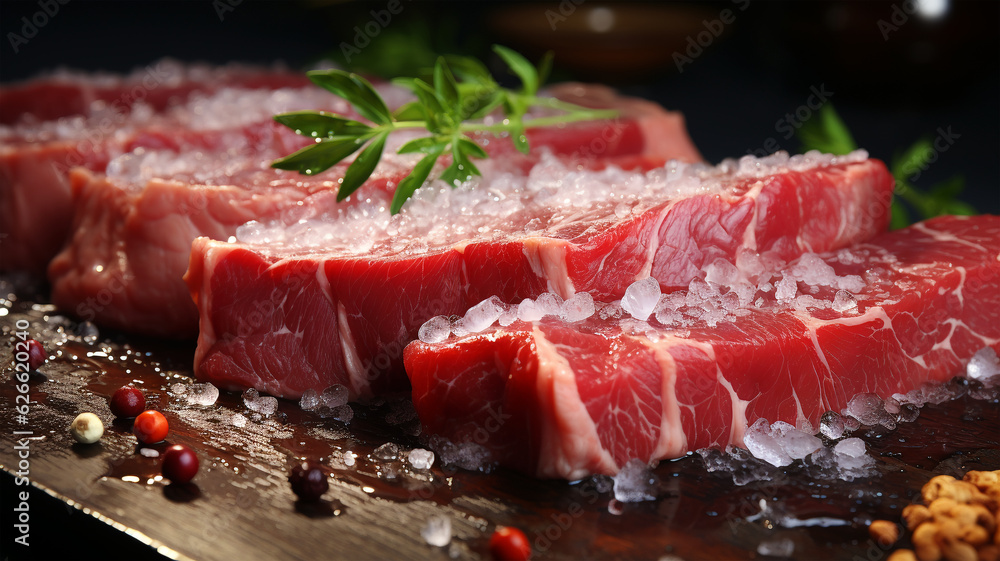 Raw beef steak for frying or grilling, fillet, restaurant menu, marbled meat, spices, salt, pepper, food preparation