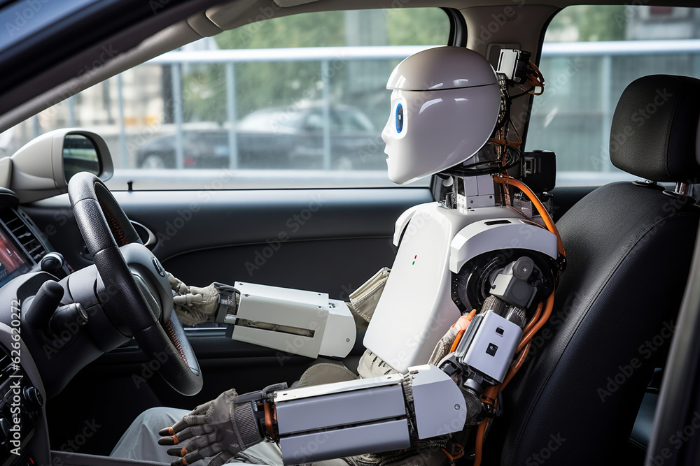 Robot cyborg drives a car. Artificial intelligence driver.