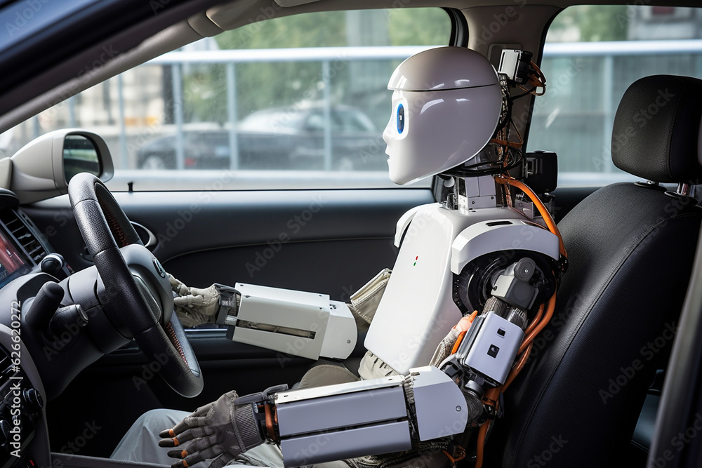 Robot cyborg drives a car. Artificial intelligence driver. Robot cyborg drives a car. Artificial intelligence driver.
