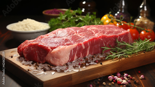 Raw beef steak for frying or grilling, fillet, restaurant menu, marbled meat, spices, salt, pepper