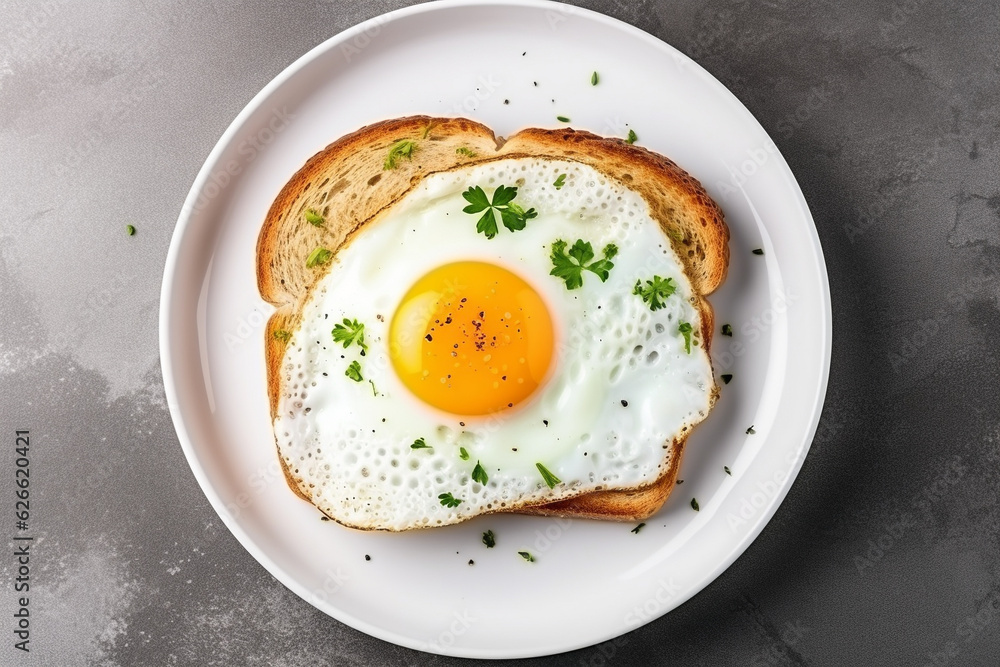 Top view of toast with fried egg on bread. Top view of toast with fried egg on bread.