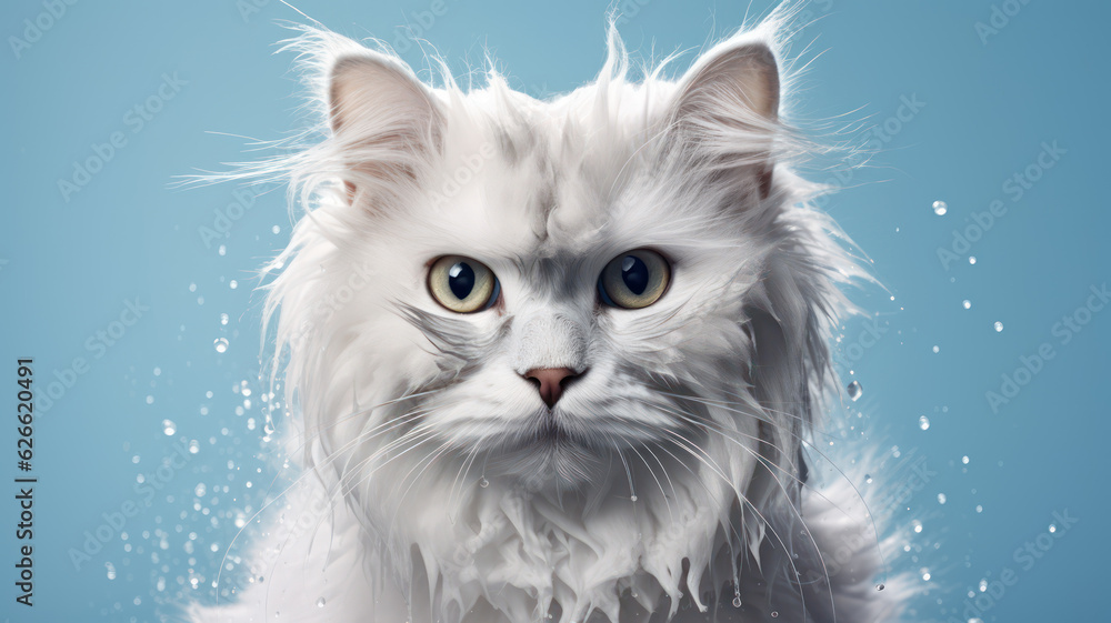 Advertising portrait, banner, wet serious cat and water drops around with blue eyes, gray color, isolated on blue background Advertising portrait, banner, wet serious cat and water drops around with blue eyes, gray color, isolated on blue background