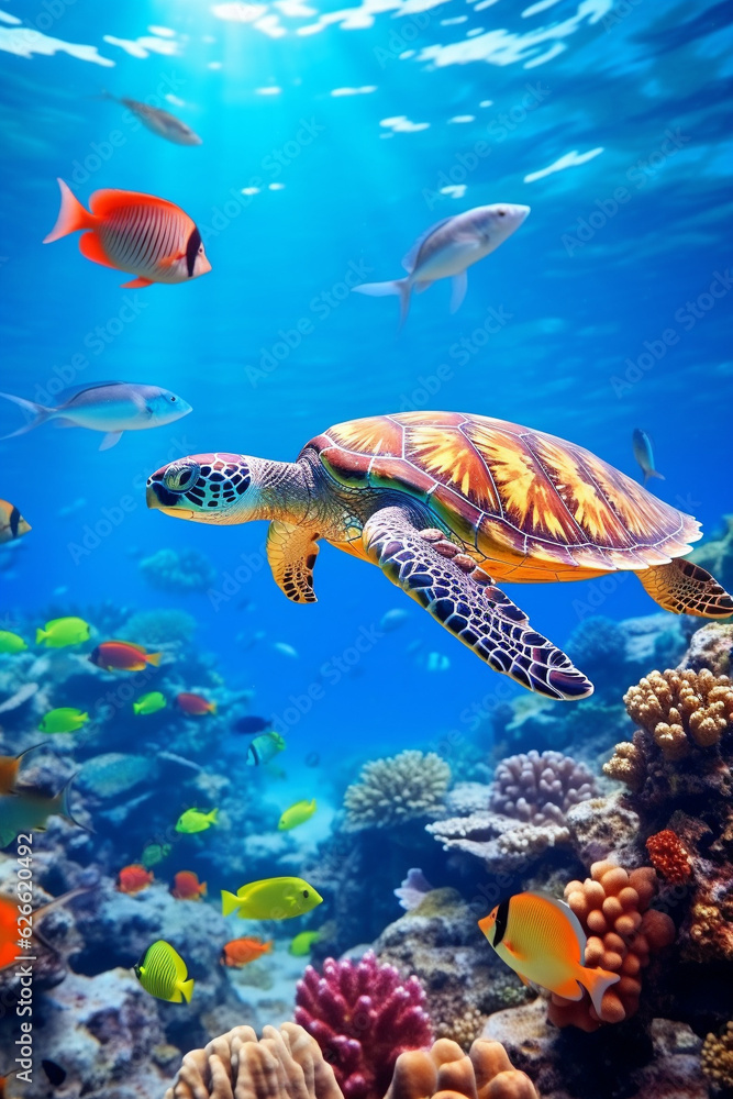 Sea turtle surrounded by colorful fish underwater. - obrazy, fototapety, plakaty 