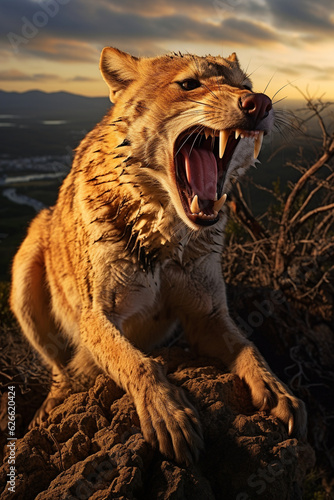 The Tasmanian tiger, thylacine, stands on a mountain at sunset and bares its teeth. The Tasmanian tiger is on the red list. photo