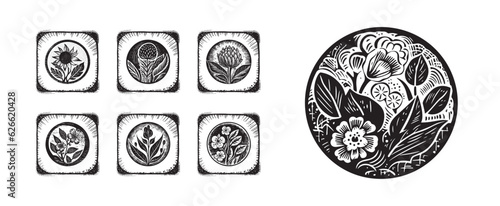 Set of scandi block print floral motif for vintage collection. Monochrome folk art botanical clip art group. 