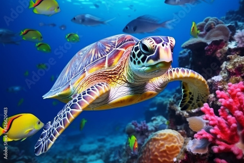 Sea turtle surrounded by colorful fish underwater. © serperm73