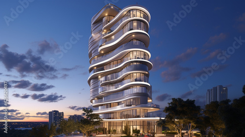 Modern high-rise residential skyscraper in the style of residential apartments in Miami. The building has rounded floor features and large windows.