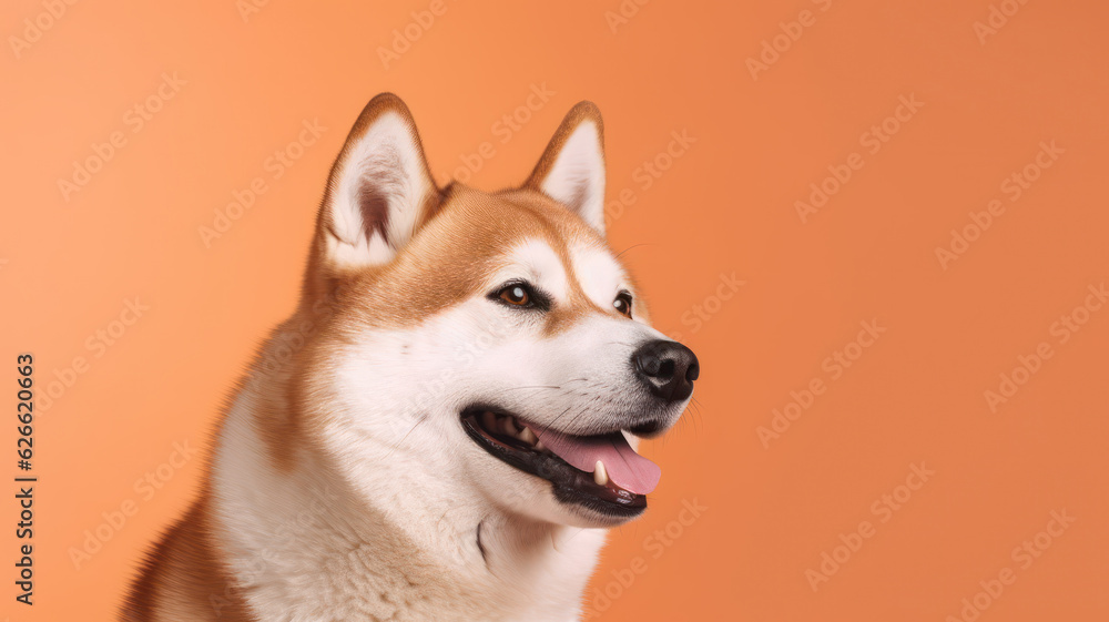 Advertising portrait, banner, smiling akita inu dog white and redhead color, look straight with open mouth, isolated on orange background