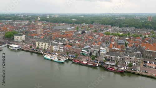 Aerial drone video of Kampen and the river Ijssel in the Netherlands