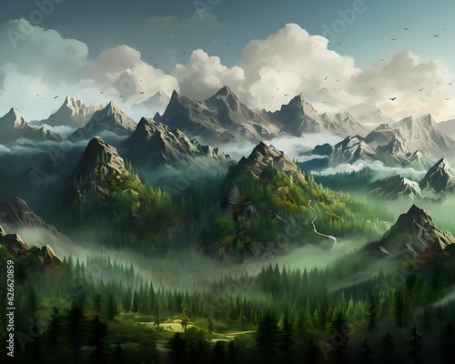 Group of Mountains with Forest Ai Generative