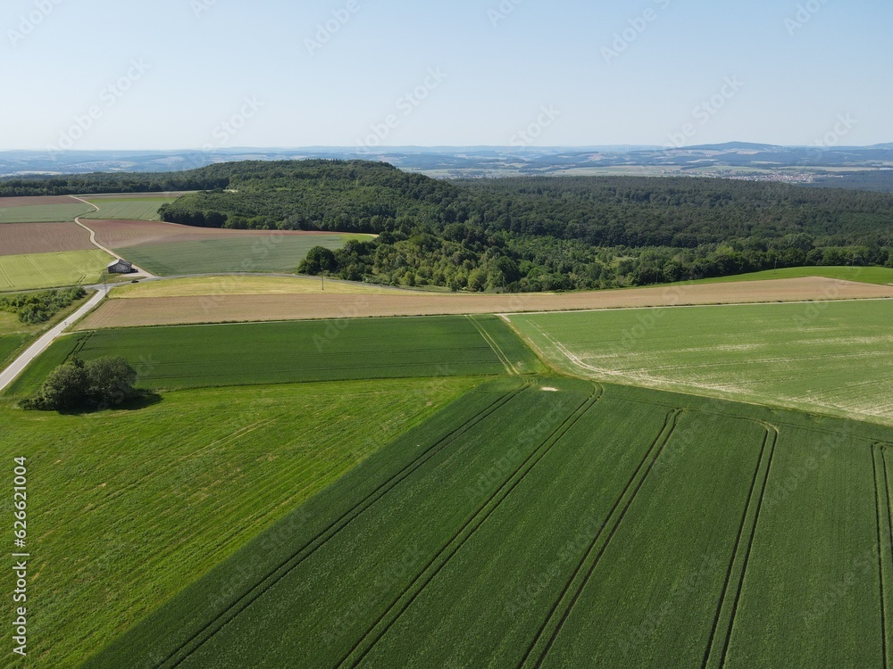 Landscape with green crop fields, trees and a blue nice sky from above 