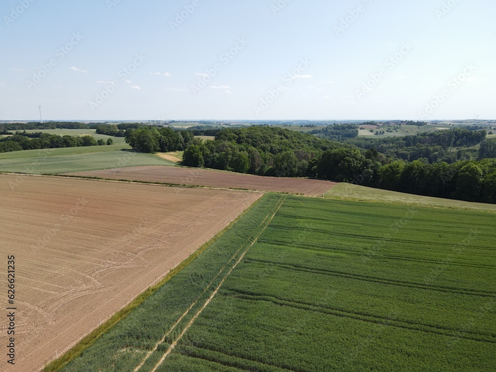 Aerial view of a landscape with brown plowed agriculture fields, green growing crop fields, trees and a blue sunny sky in summer Aerial view of a landscape with brown plowed agriculture fields, green growing crop fields, trees and a blue sunny sky in summer