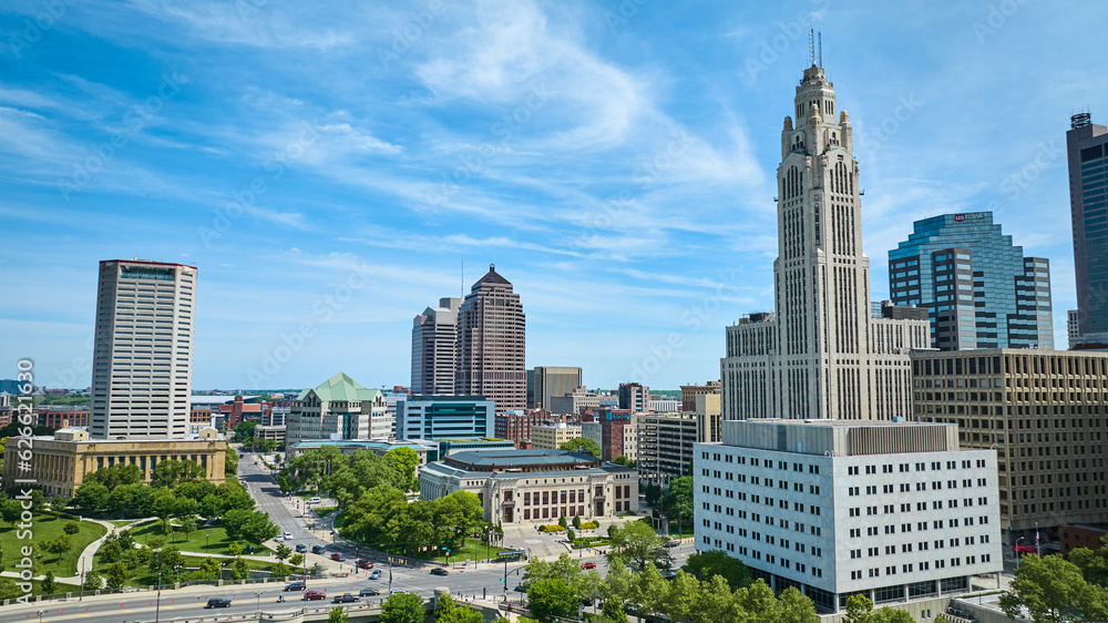 Blue skies over downtown Columbus Ohio with LeVeque Tower aerial Blue skies over downtown Columbus Ohio with LeVeque Tower aerial
