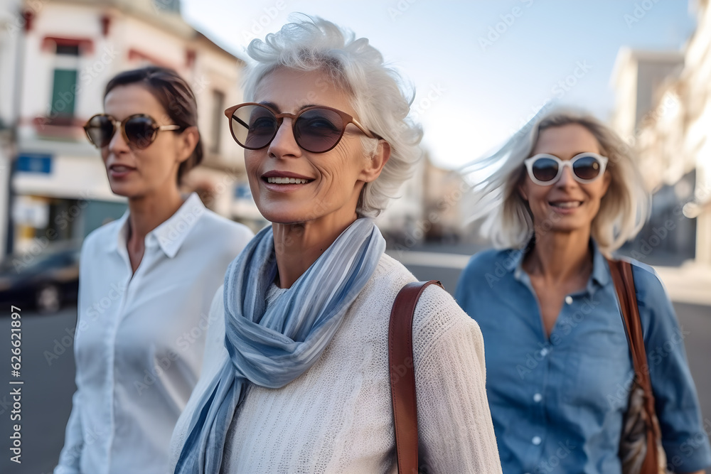 a photo of three diverse middle-aged mature women in modern stylish clothes standing in the summer city smiling, mature friendship representation. Generative AI technology a photo of three diverse middle-aged mature women in modern stylish clothes standing in the summer city smiling, mature friendship representation. Generative AI technology