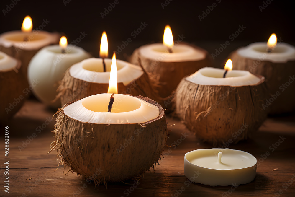 several coconut colored and shaped te candles burning on a brown background, close-up. Generative AI technology several coconut colored and shaped te candles burning on a brown background, close-up. Generative AI technology