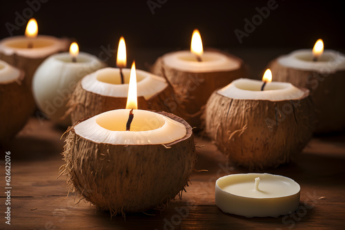 several coconut colored and shaped te candles burning on a brown background, close-up. Generative AI technology