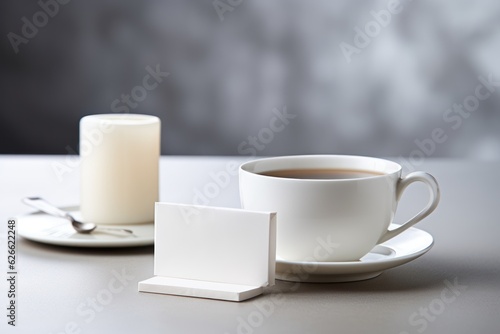 A white tea bag is placed on the side of a white table with a cup of tea. AI generated