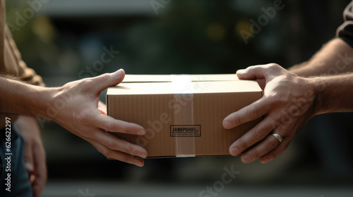 The delivery person hands the customer his box with the parcel inside. Created with Generative AI technology.
