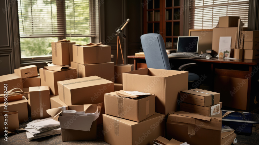 A pile of moving boxes in the room. Created with Generative AI technology. A pile of moving boxes in the room. Created with Generative AI technology.