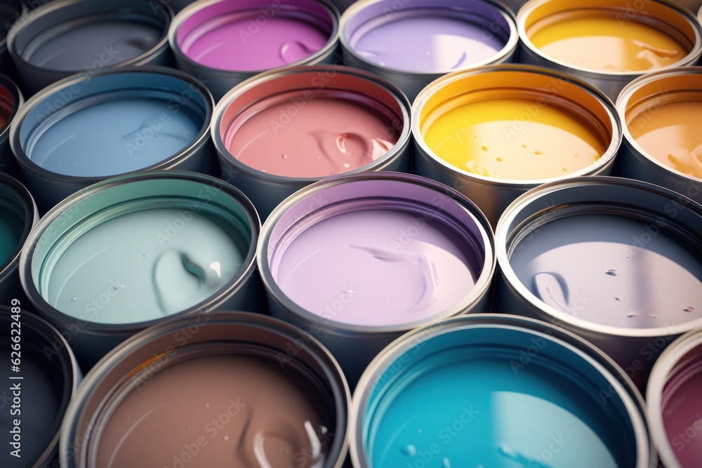 Fototapeta premium Open paint cans with pastel paint. AI generated