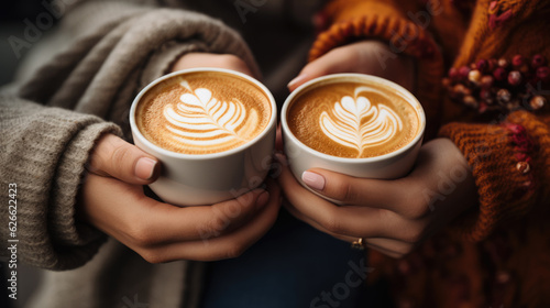 Women's hands in jumpers holding mugs of coffee. Created with Generative AI technology.